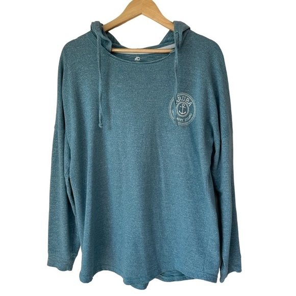 Aruba One Happy Island Teal Blue Long Sleeve Hoodie Top, Large - Picture 2 of 6